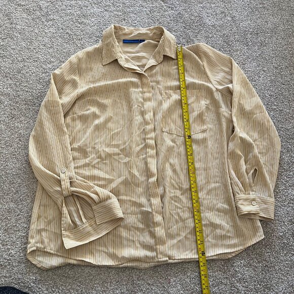 Yellow & White Striped Hidden Button Semi-Sheer Long Sleeve Career Blouse L - Picture 11 of 12